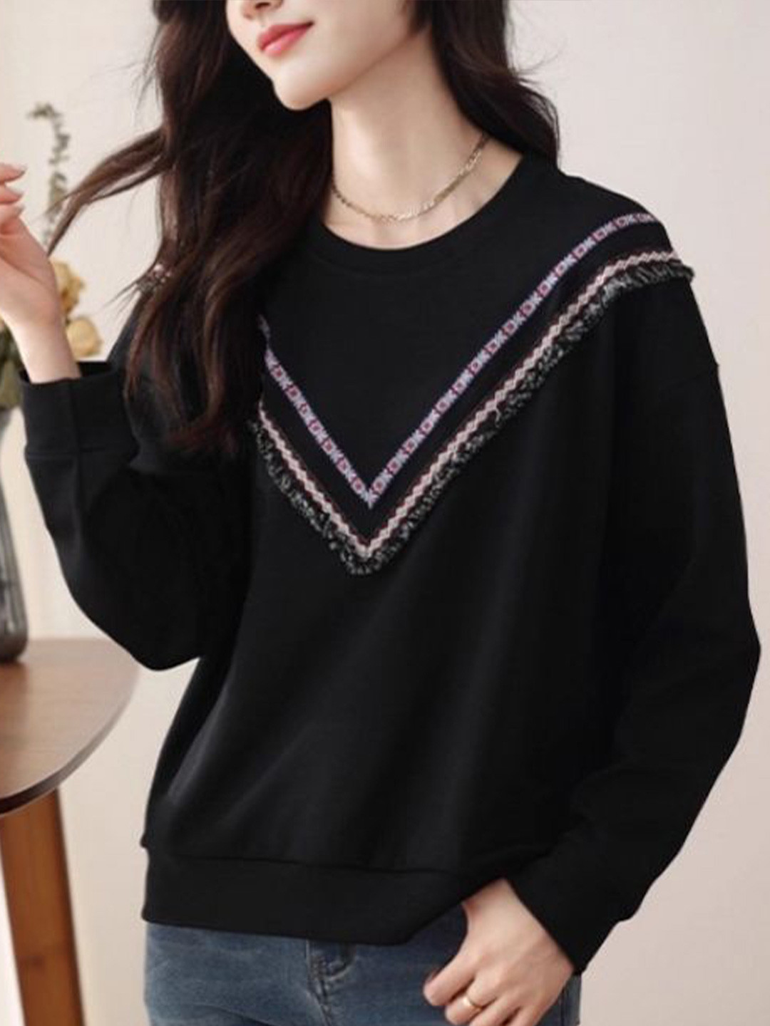 StyleCast Women Fuzzy Detail Long Sleeve Crew Neck Pullover Sweater