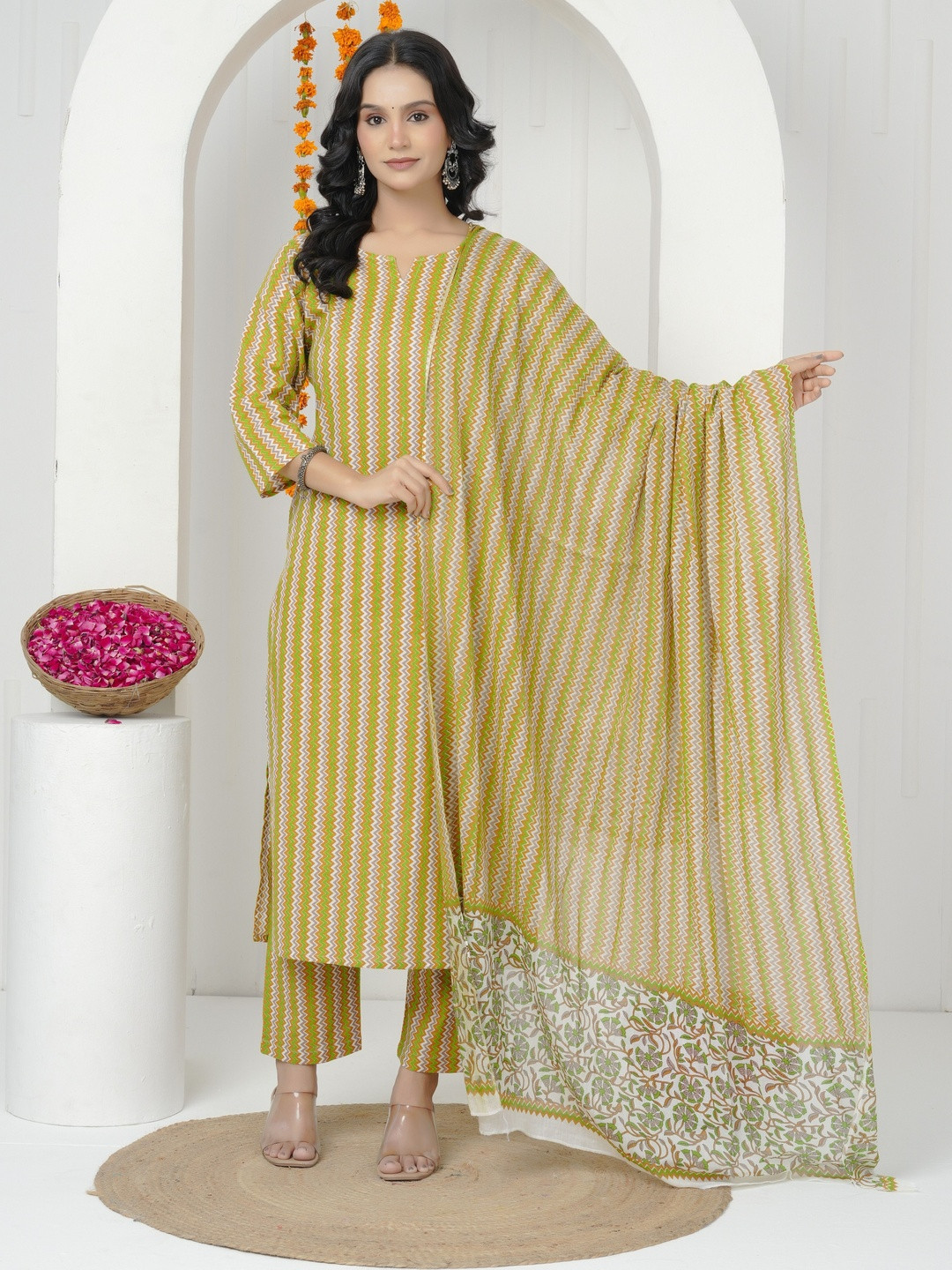 Vestimento Striped Pure Cotton Kurta With Trousers & Dupatta