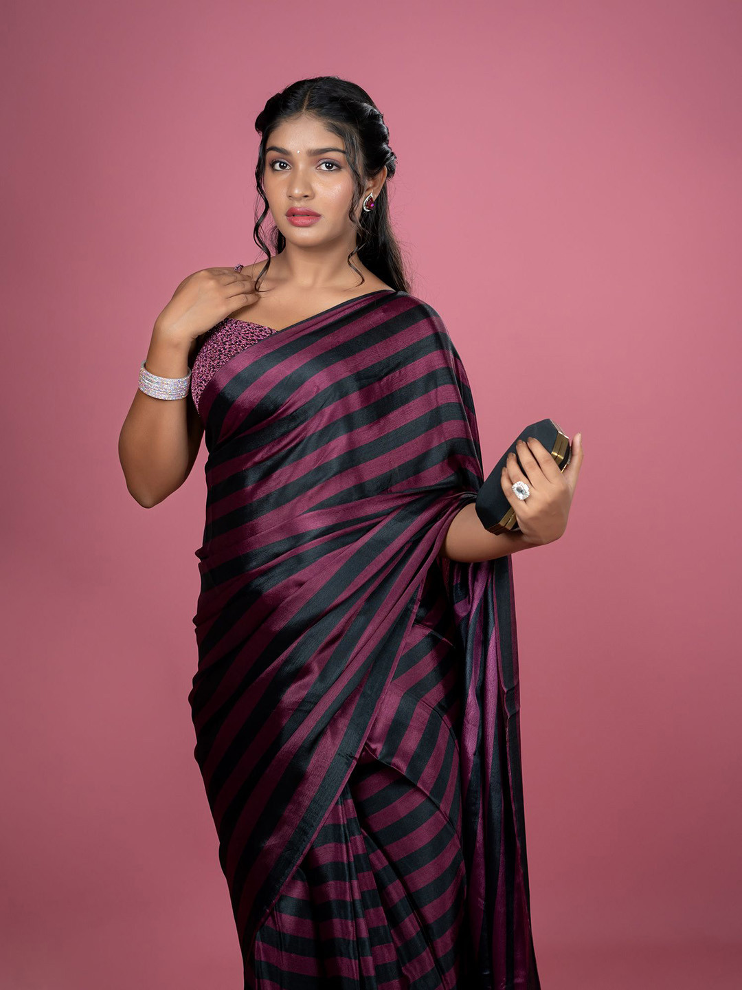 HELLA FASHIONS Striped Satin Ready To Wear Saree