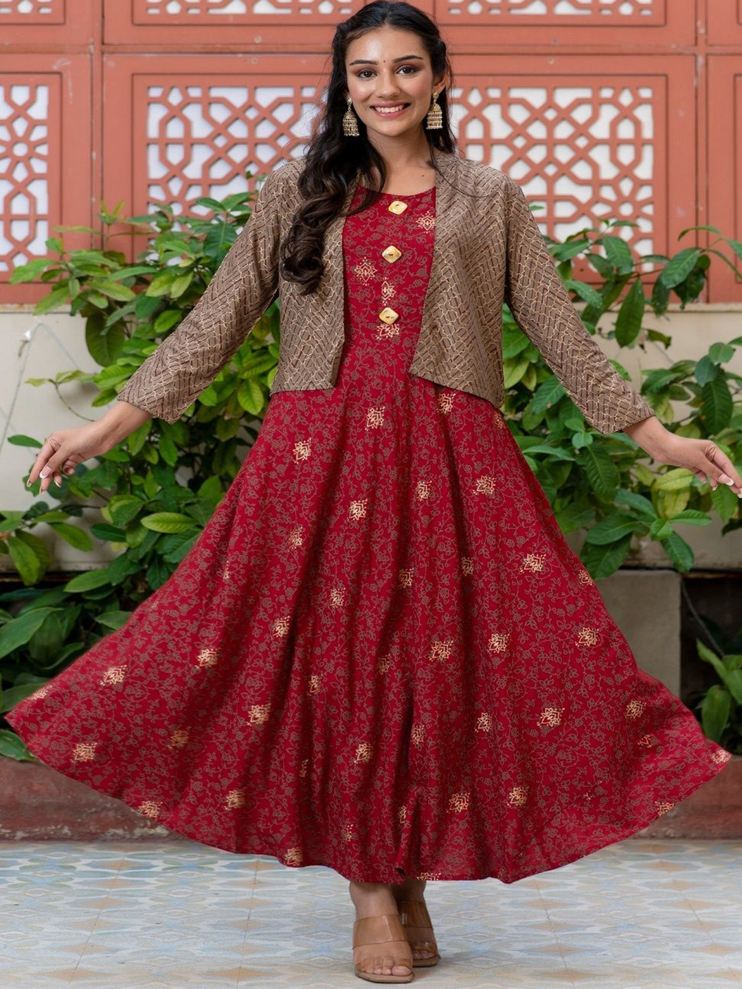 ftDiva Floral Printed Anarkali Ethnic Dress With jacket