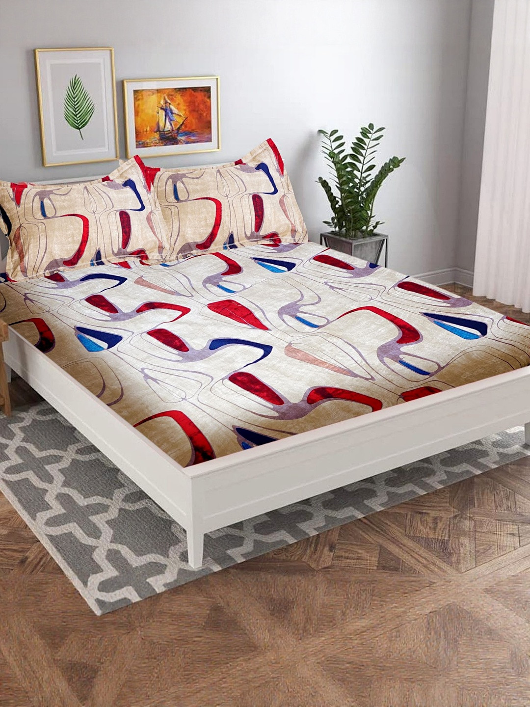 Wee Hours Beige & Red 350 TC Queen Bedsheet with 2 Pillow Covers