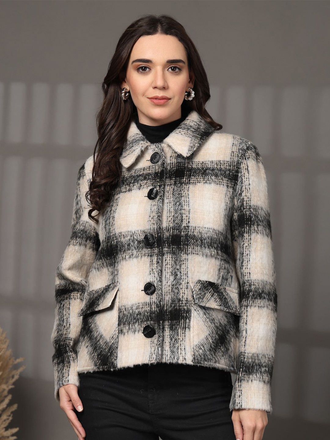 Thirty Threads Women Checked Printed Spread Collar Shacket Overcoat