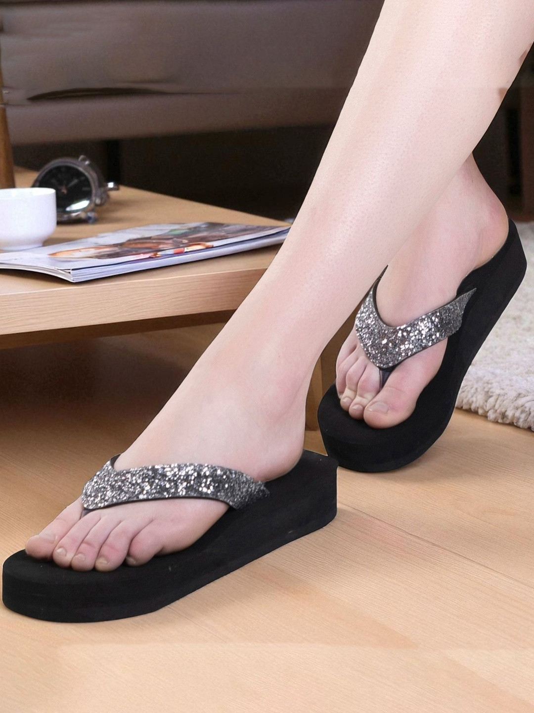 LOVEHUSH Women Black & Silver Embellished Wedges