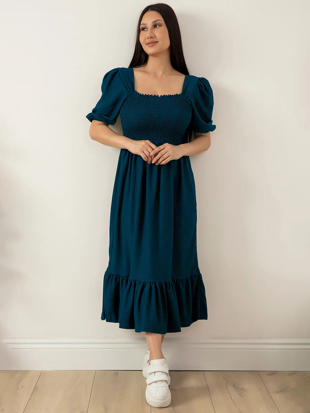 Honky Tonky Women Square Neck Puff Sleeve Smocked Fit & Flare Midi Dress