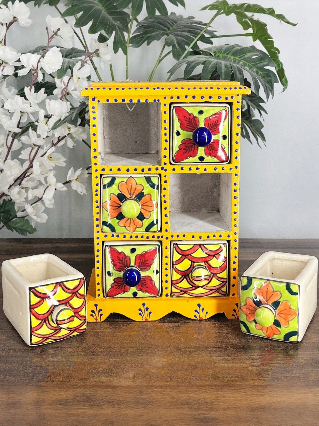 DIWAM HANDICRAFTS Handmade Wooden and Ceramic Drawer Chest Trinket Box