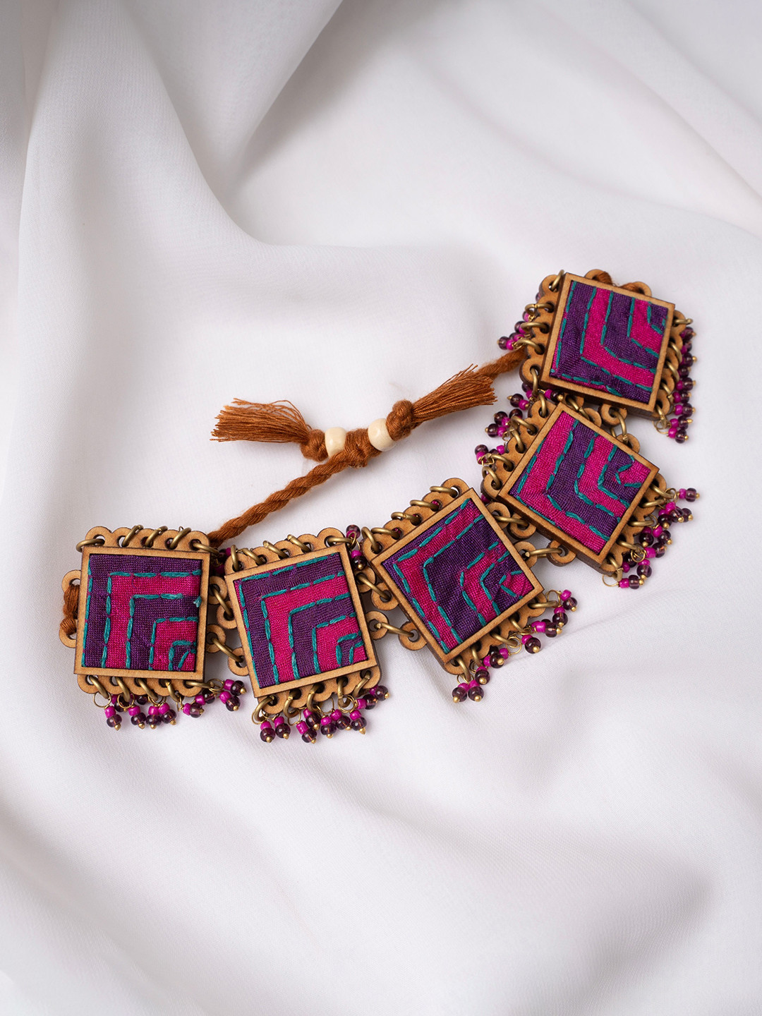 WHE Pink Purple Kantha Repurposed Silk Fabric and Wood  Beads Bracelet