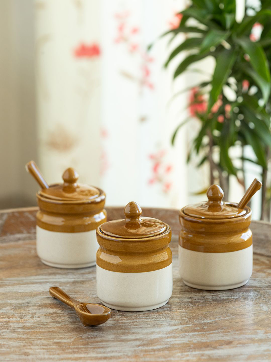 ExclusiveLane Brown & White 3 Pieces Ceramic Pickle & Chutney Jar Set With Spoons