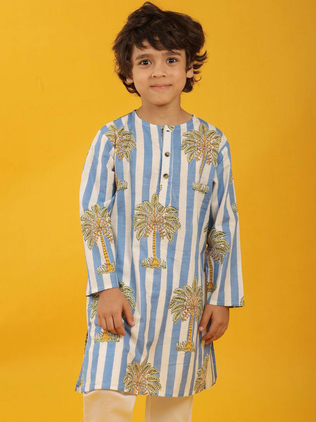 Anthrilo Boys Striped Floral Tree Print Pure Cotton Kurta