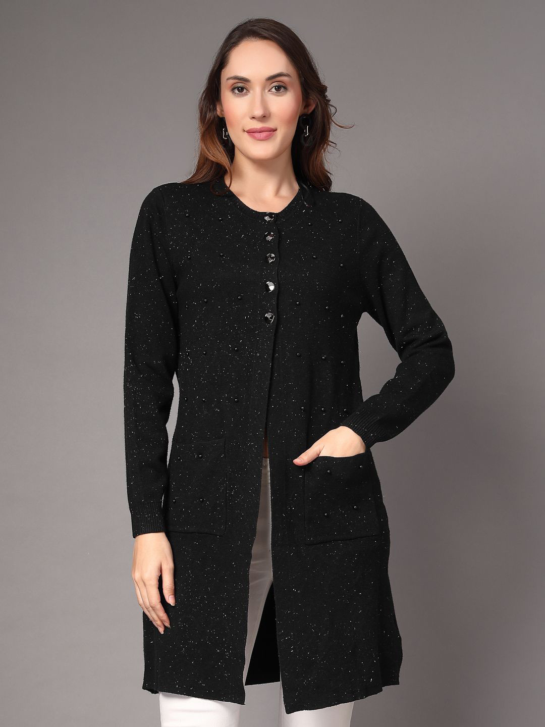Mafadeny Women Embellished Front button Long Shrug with Pockets