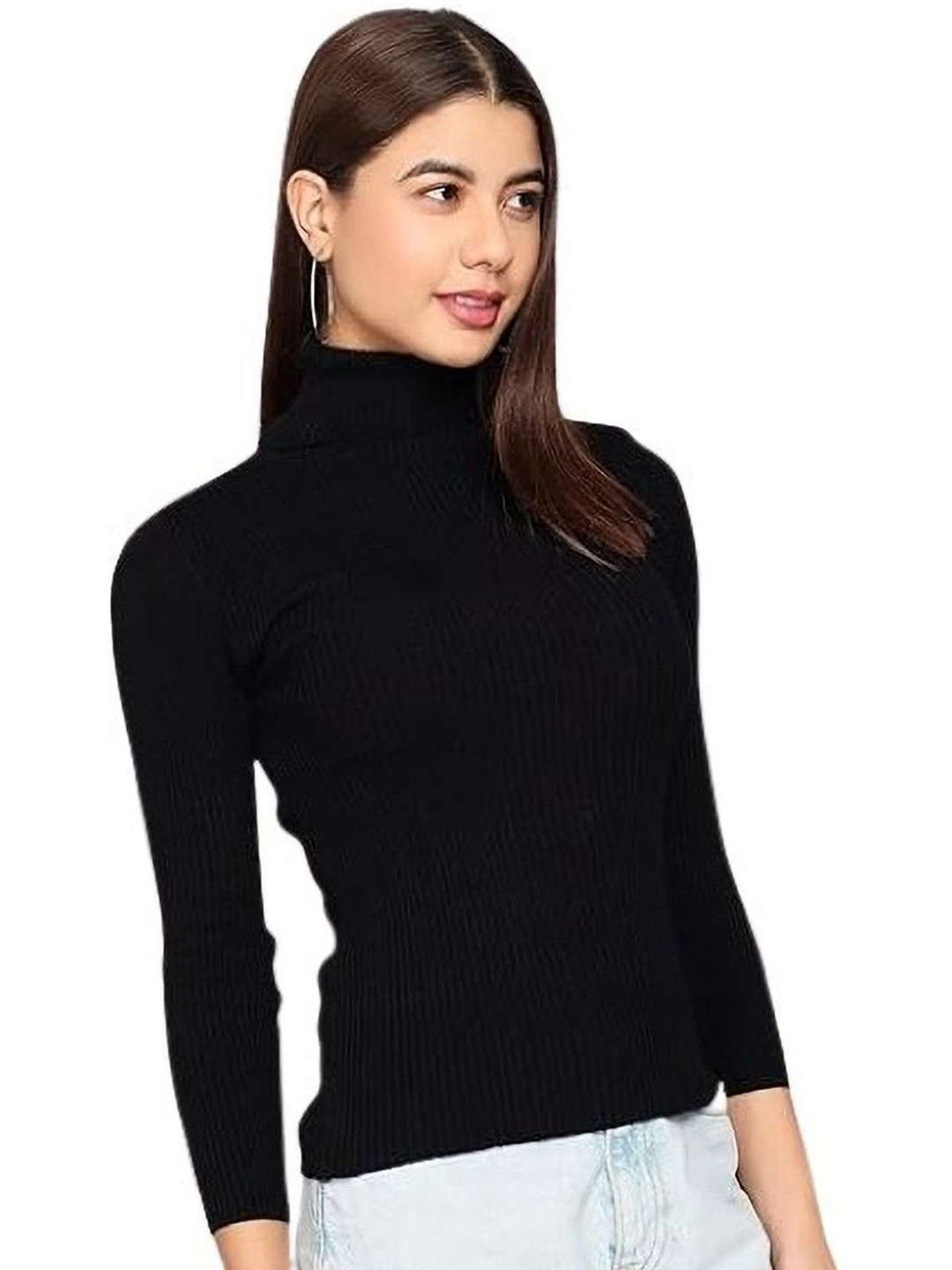 MIXFIT Women Black Ribbed High Neck Long Sleeve Top