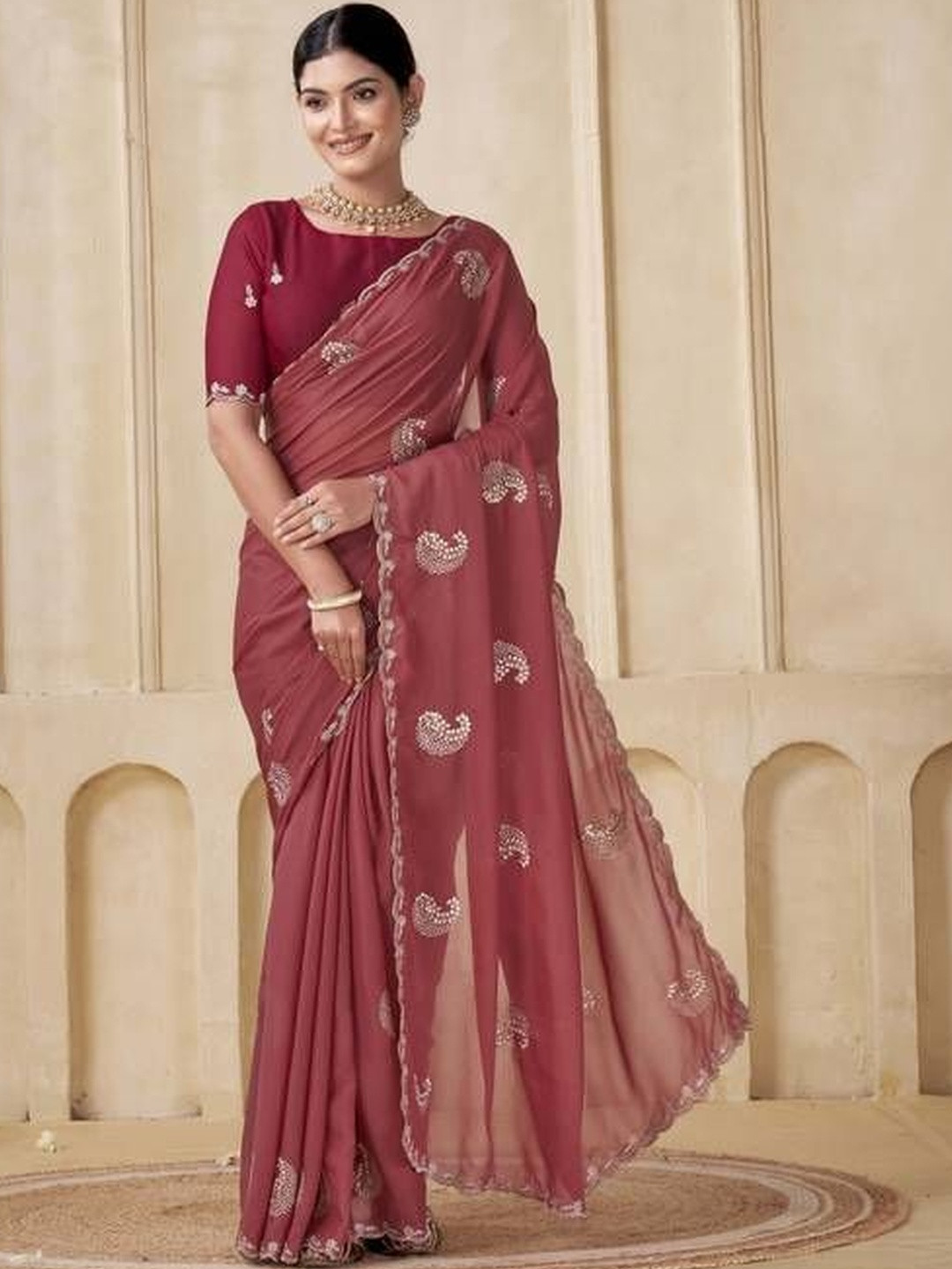 GHAN SALS Paisley Embroidered Pure Georgette Bagh Saree