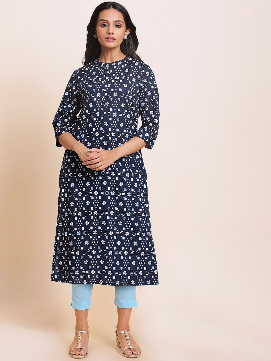 W Women Floral Printed Calf Length Regular A-Line Kurta with Trousers