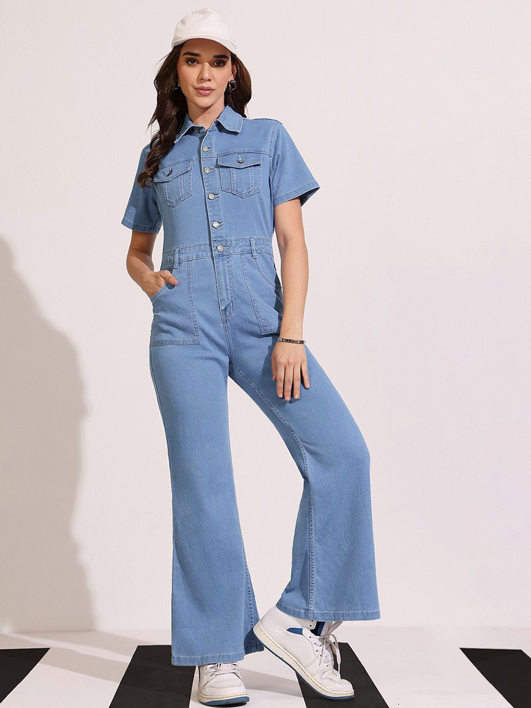 DOLCE CRUDO Women's Flared High Rise Regular Length Stretchable Denim Jumpsuit