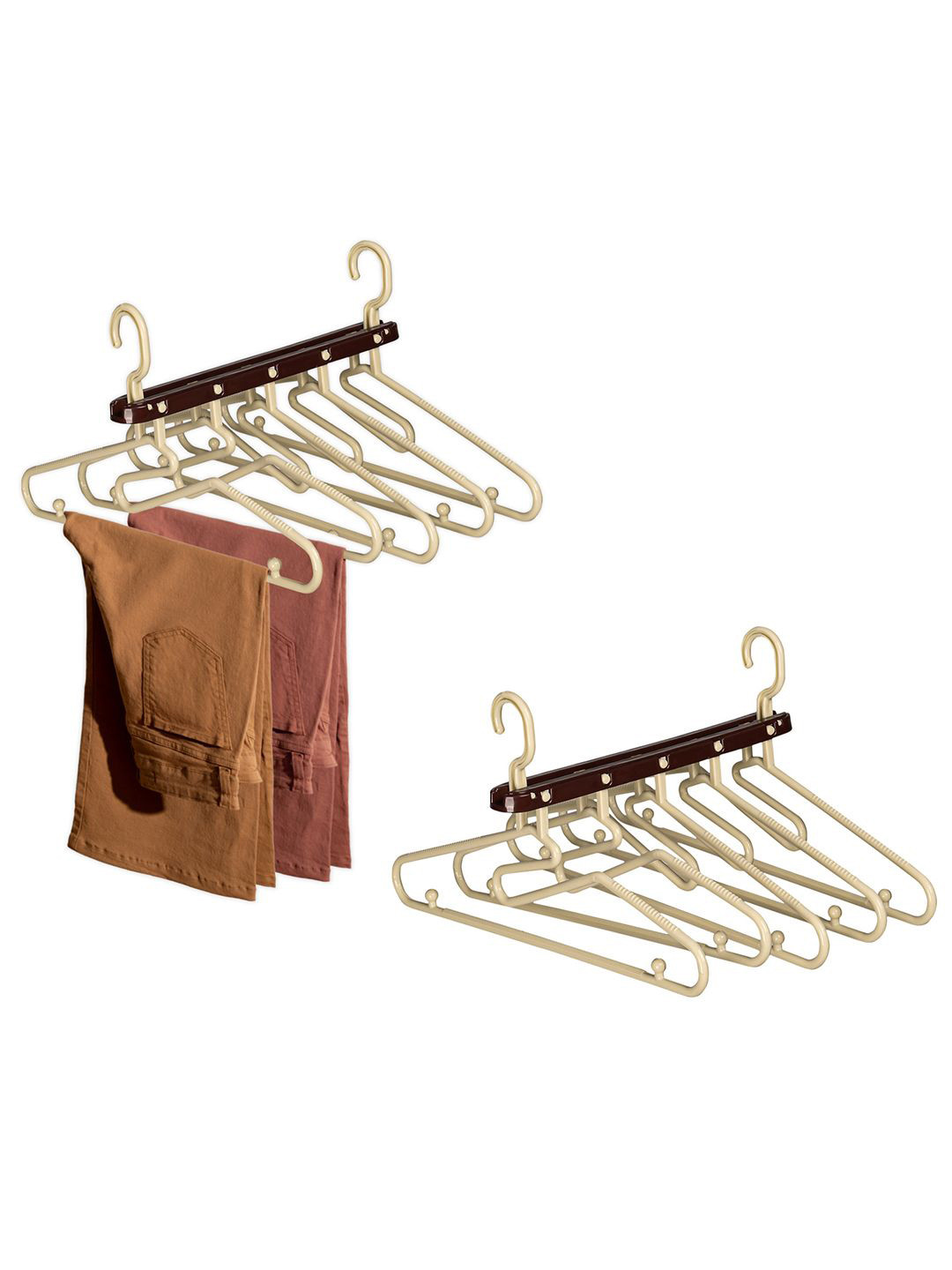 Kuber Industries Cream-Colored & Brown 2 Pieces 5 in 1 Foldable Clothes Hangers
