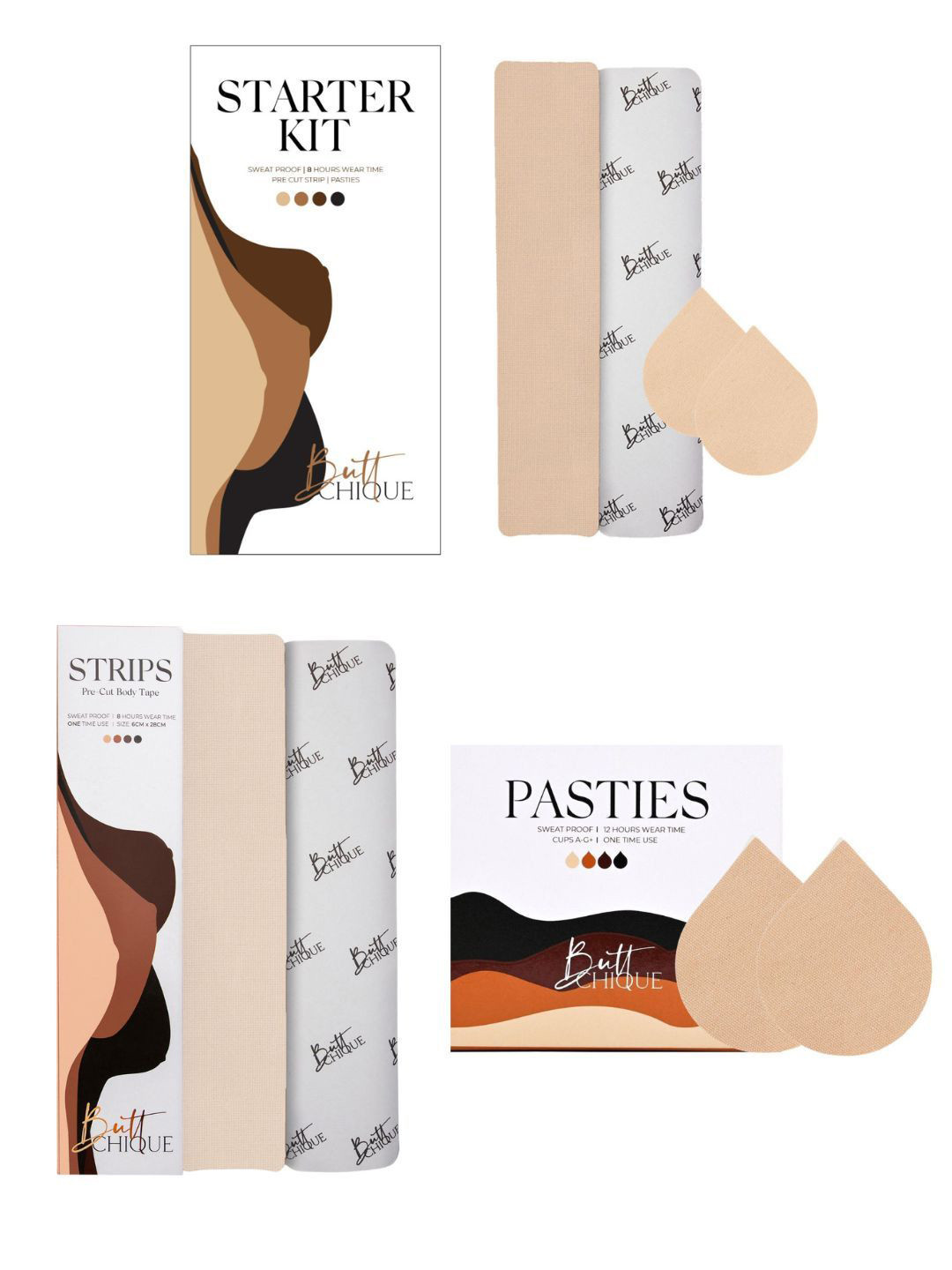 Butt-Chique Sweat Proof 4 Pcs Pasties 2 Pcs Pre-Cut Strips with Starter Kit
