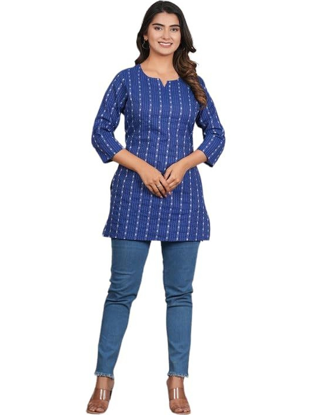 PUSHPRAJ FASHION Women's Cotton Round Neck Three-Quarter Sleeves Regular Fit Geometric Printed A-Line Kurti