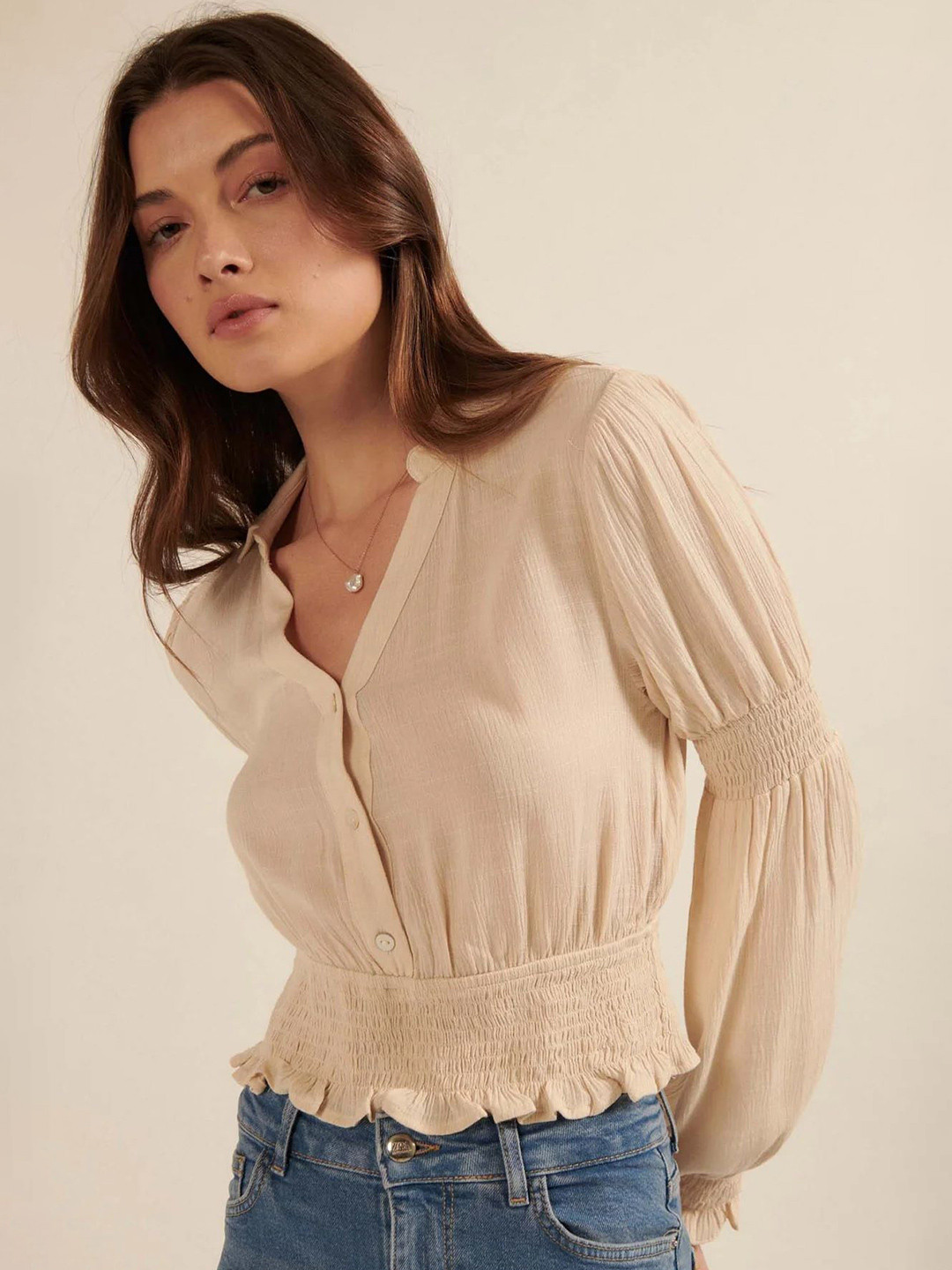 FNOCKS Women Smocking Cotton Top