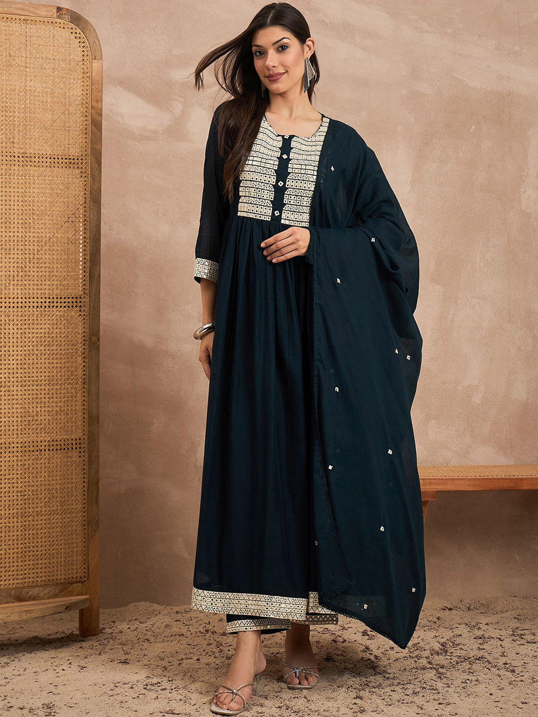 CHETI Women Geometric Embroidered Pleated MirrorWork Anarkali Kurta with Trouser & Dupatta
