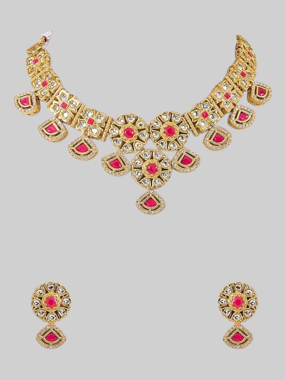 AURAA TRENDS Gold-Plated Red Kundan Bridal Choker Necklace Set with Matching Earrings