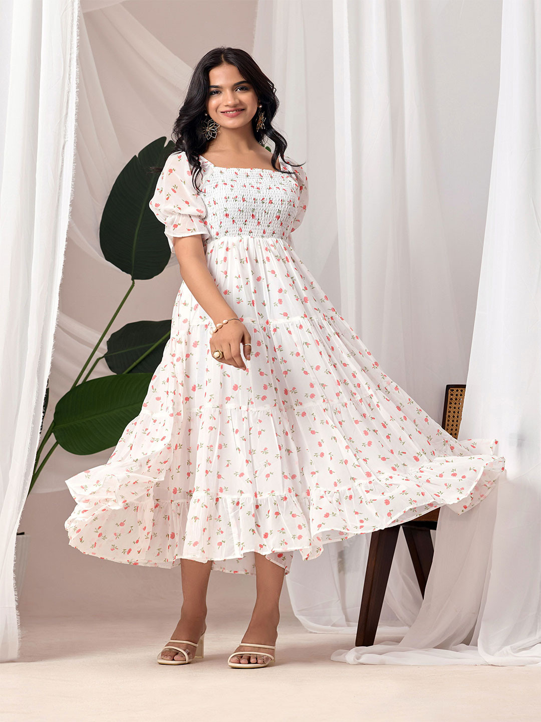 Dream Tree Floral Printed Square Neck Puff Sleeves Georgette Fit and Flare Midi Dress