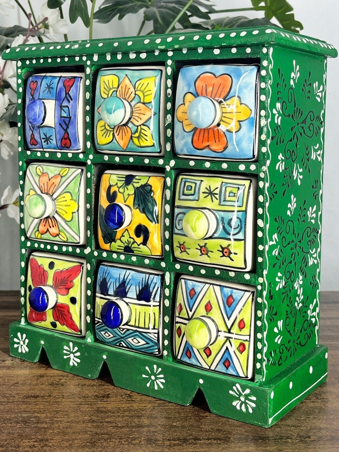 Handmade Wooden Drawers 9 Ceramic Compartment Ethnic Decorative Storage Box