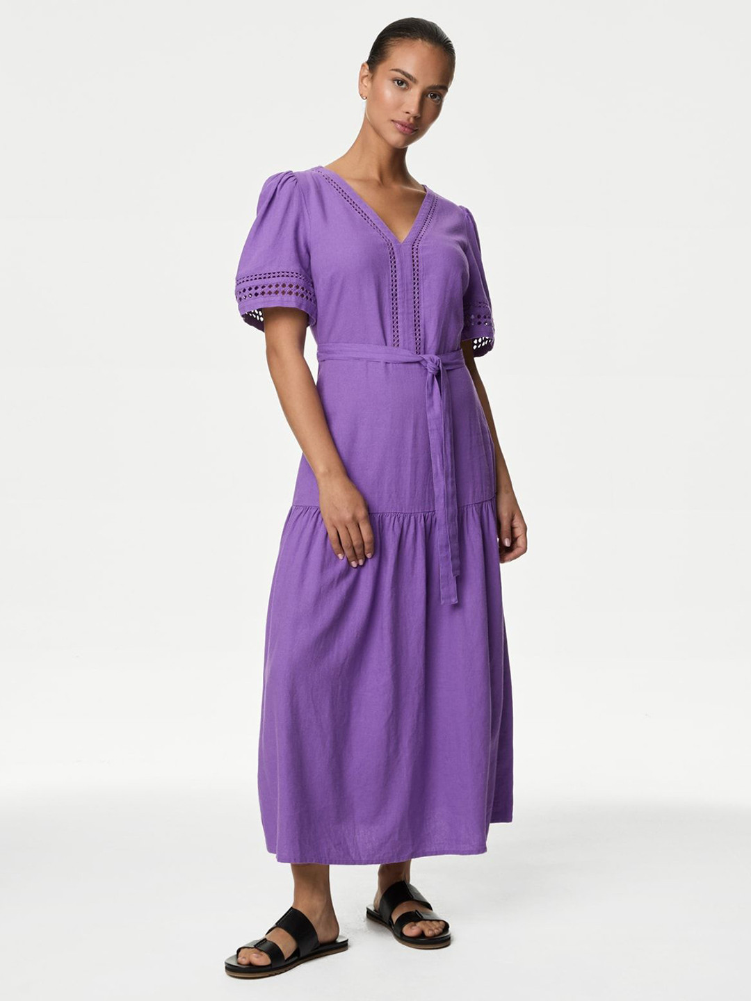 Marks & Spencer Women Solid Belted V-Neck Tiered Fit and Flare Midi Dress