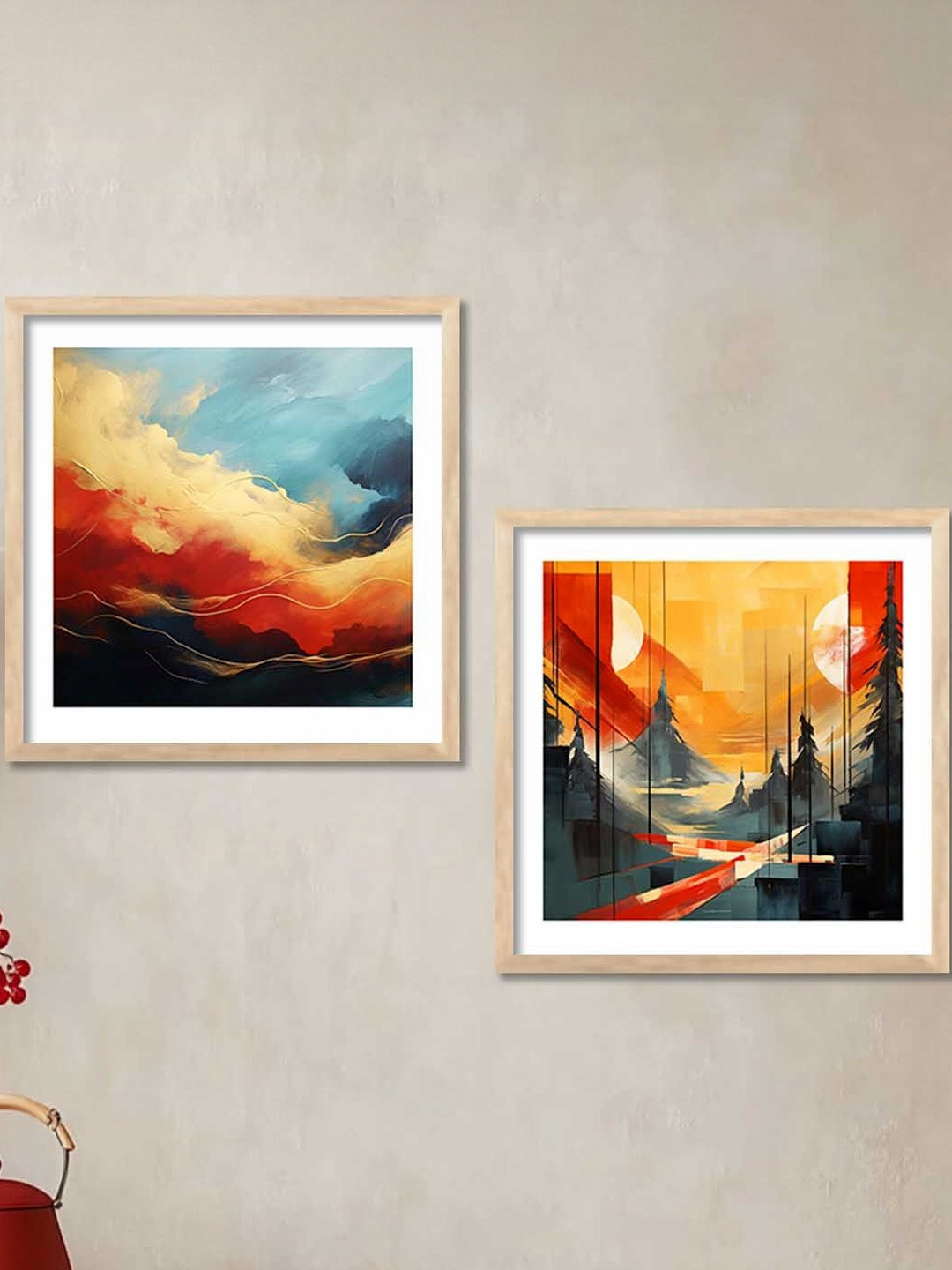 WALLLANE Brown Set of 2 Wooden Frame Abstract Wall Paintings