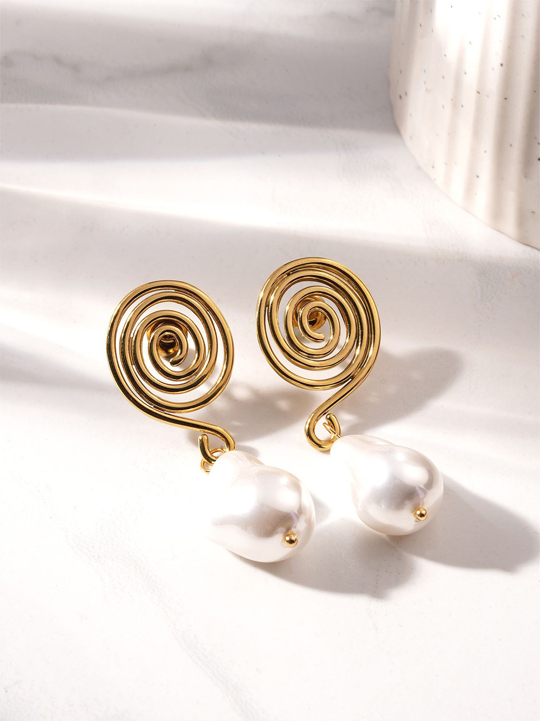 PALMONAS Stainless Steel Gold-Plated Contemporary Swirl Pearl Waterproof Drop Earrings