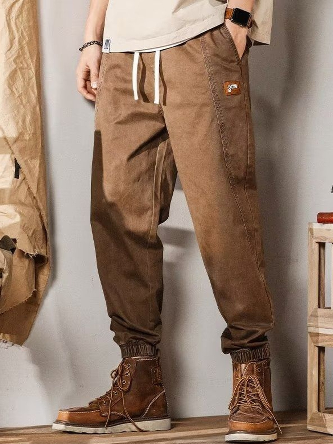 Khaki Wrinkle Free Mid-Rise Jogger Trousers