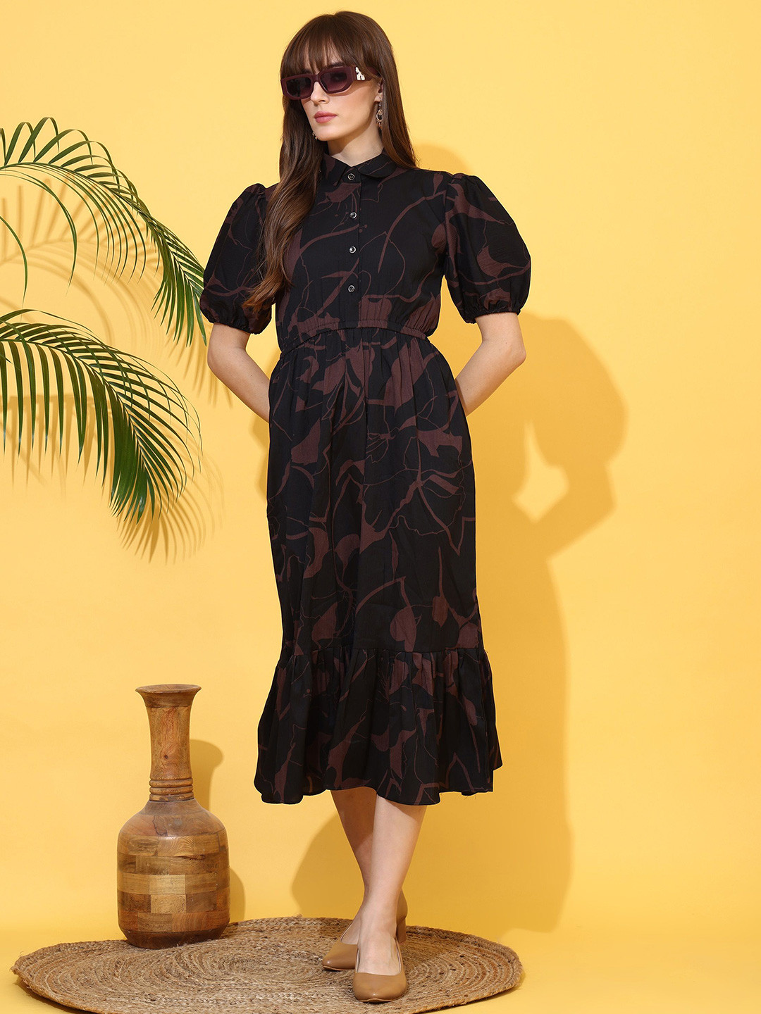 Honky Tonky Women Floral Printed Puff Sleeve Crepe Shirt Midi Dress