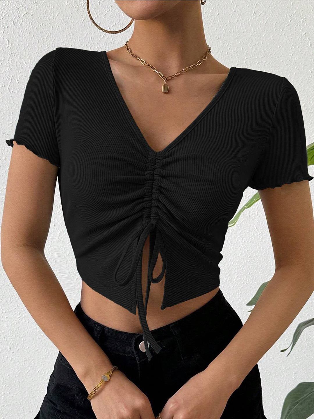 Outzidr Women Tie-Up V-Neck Half Sleeve Crop Top