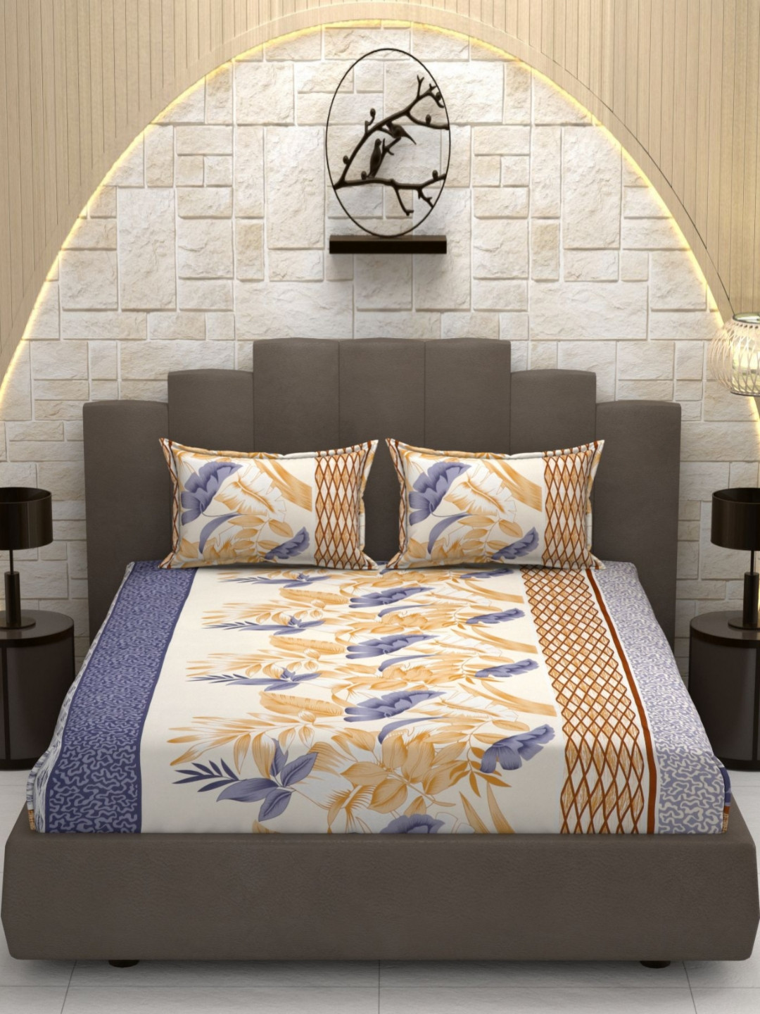 MAFATLAL Cream Floral Printed 160 TC Microfiber Queen Bedsheet Set- 2.28m x 2.54m