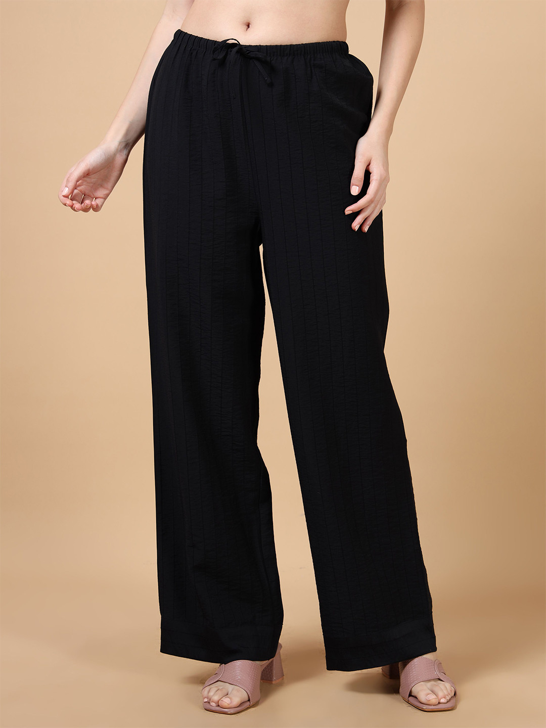 Glam & Chique Women Striped Palazzo Pants with Tie-Up Waist