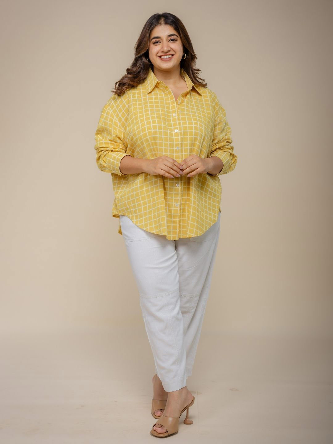 THE INDIAN ETHNIC CO Women Straight Fit Windowpane Checked Cotton Casual Shirt