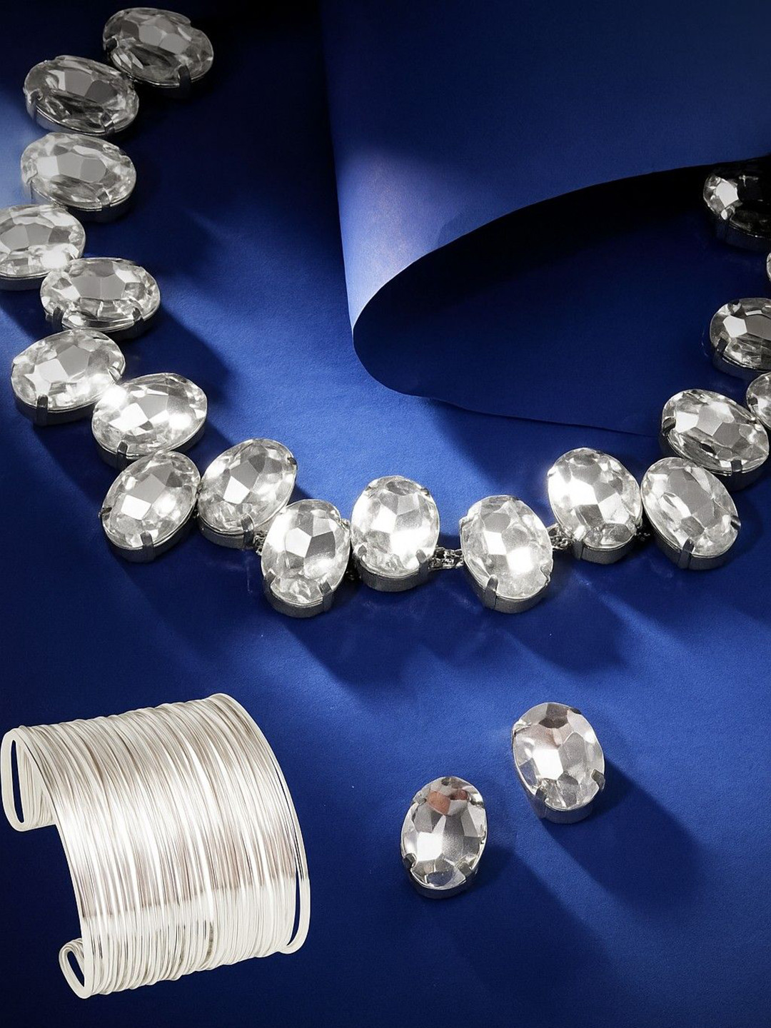 MANSIYAORANGE Rhodium-Plated Crystals Studded Oval Necklace And Earrings With Bracelet
