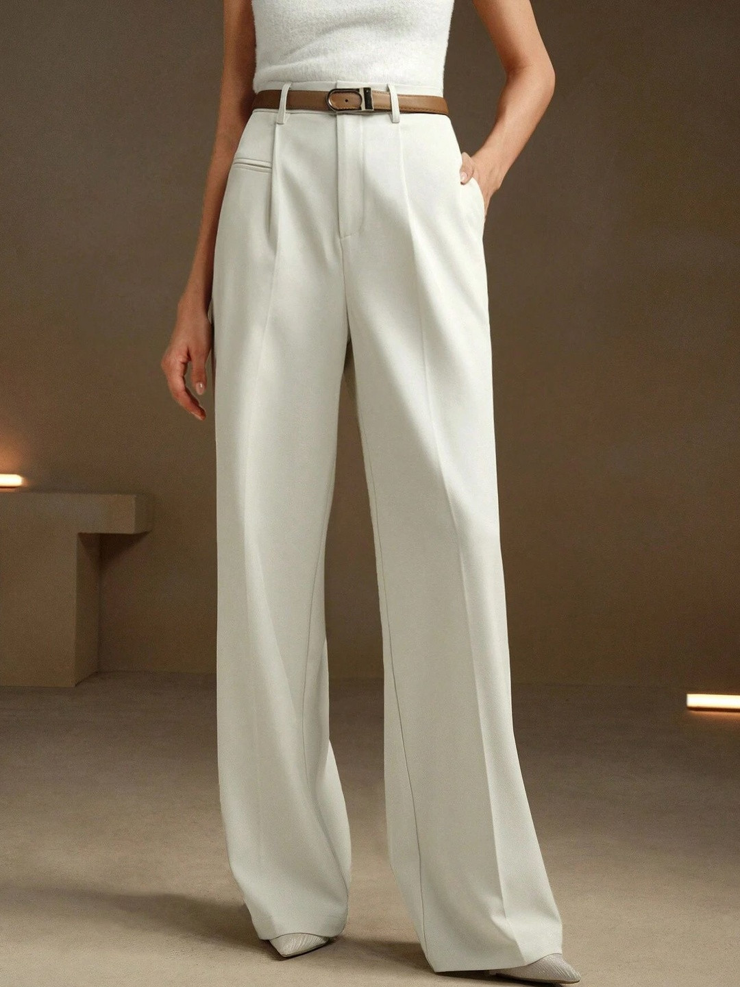 FNOCKS Women Relaxed Straight Leg High-Rise Wide-Leg Pleated Korean Pants