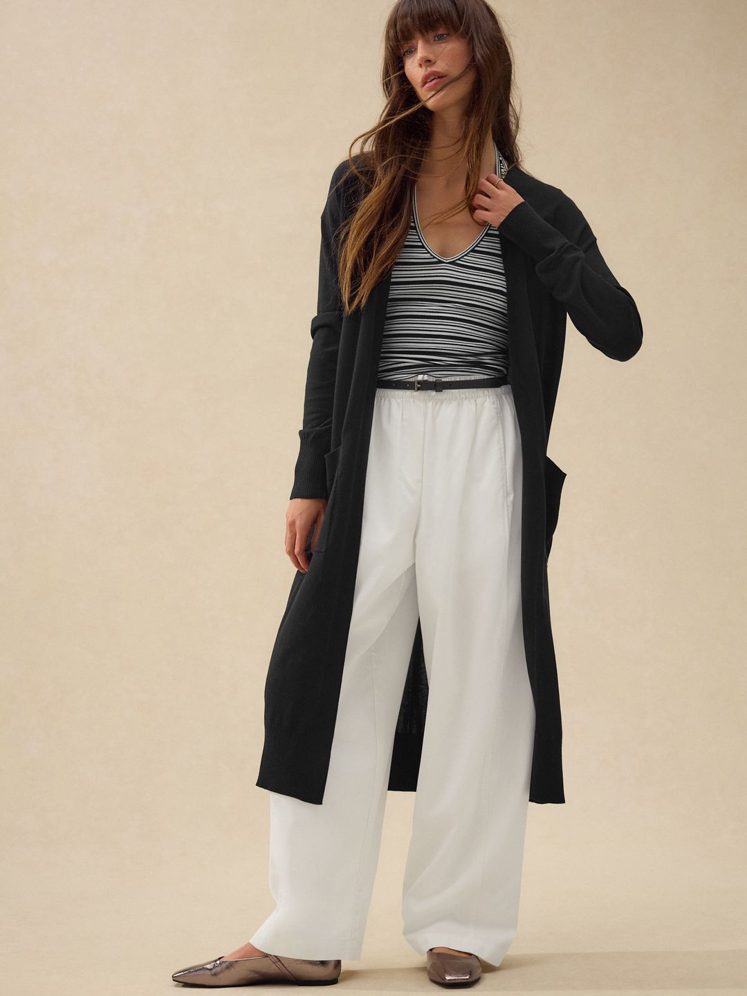 NEXT Ribbed Collarless Longline Front-Open Cardigan