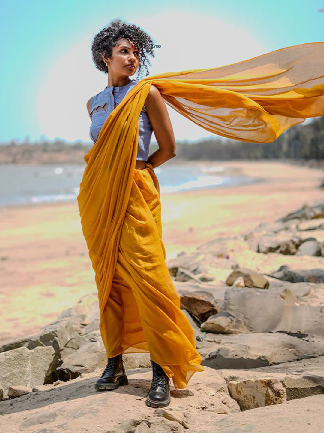 Prathaa Marigold Yellow Cotton Linen Saree