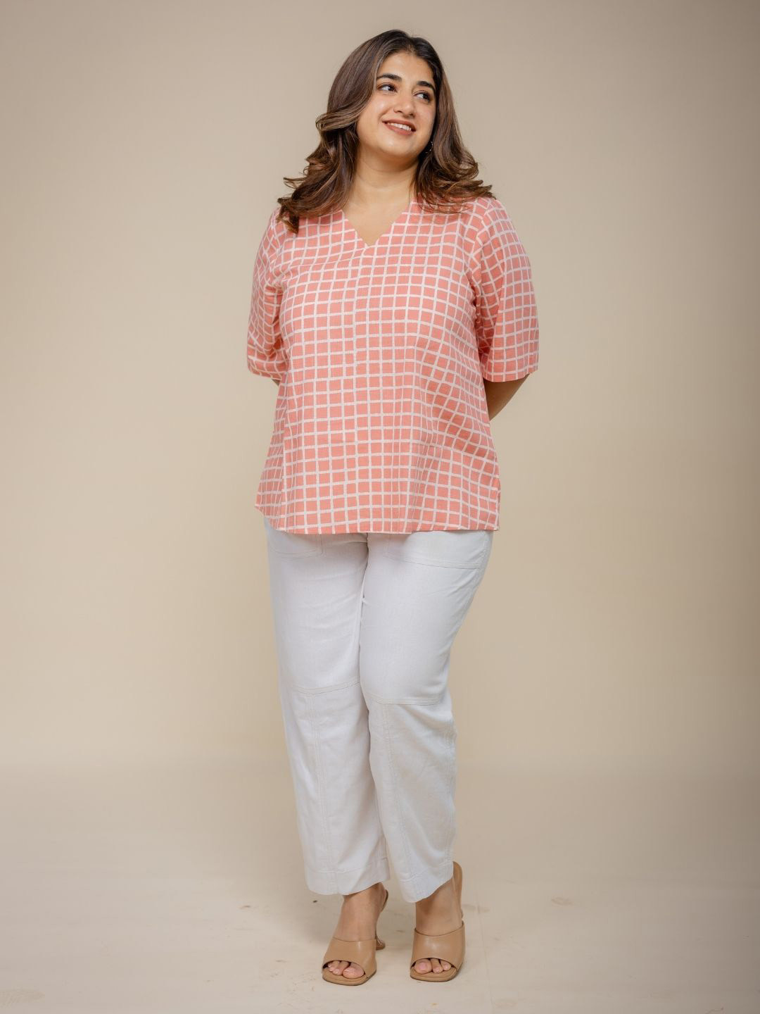 THE INDIAN ETHNIC CO Coral Slub Cotton Straight Short Top