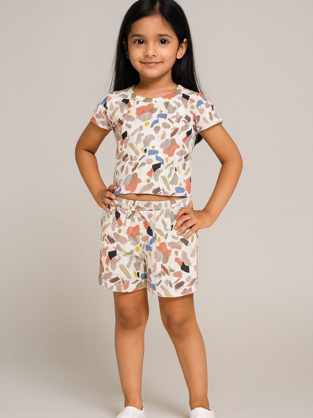YK Girls White Printed Polyester Co-ord Set with Top & Shorts