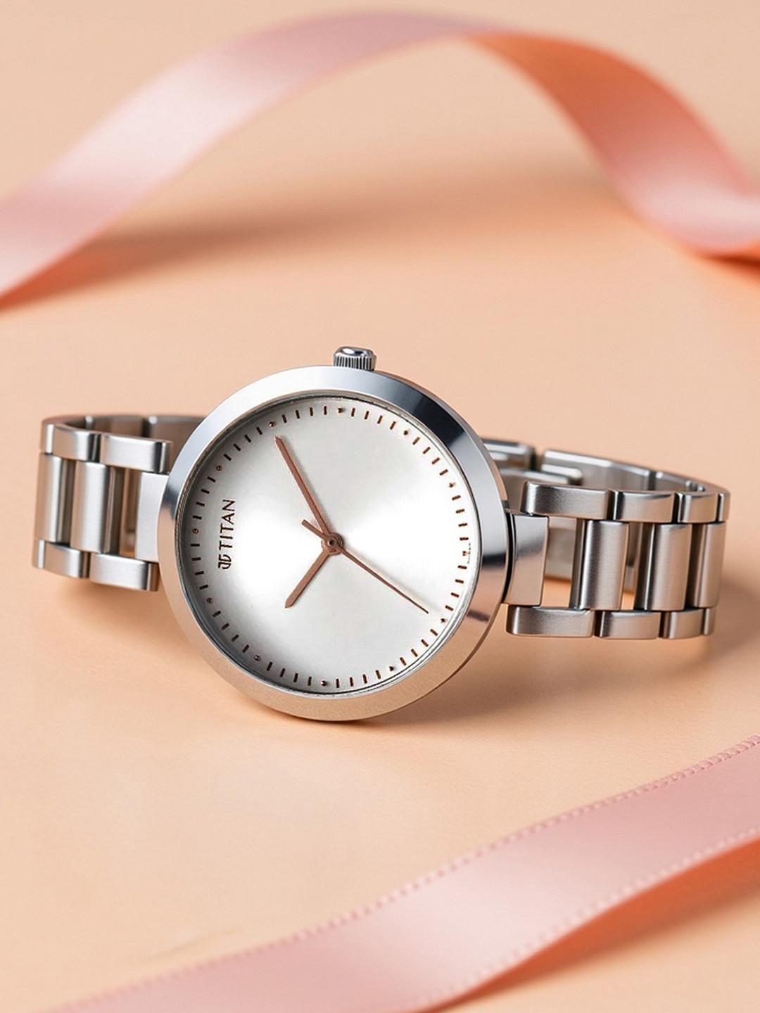 Titan Women Embellished Dial Stainless Steel Bracelet Style Straps Analogue Watch 2480SM12