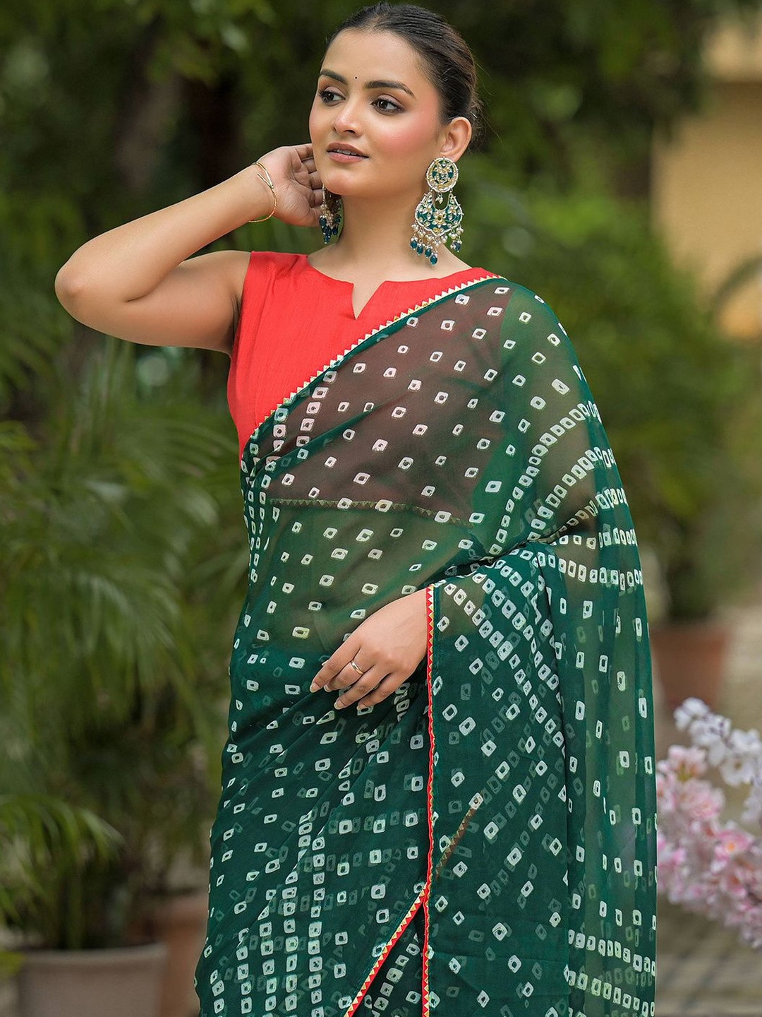 Kalini Womens Green Poly Georgette Printed Saree With Unstiched Blouse Piece
