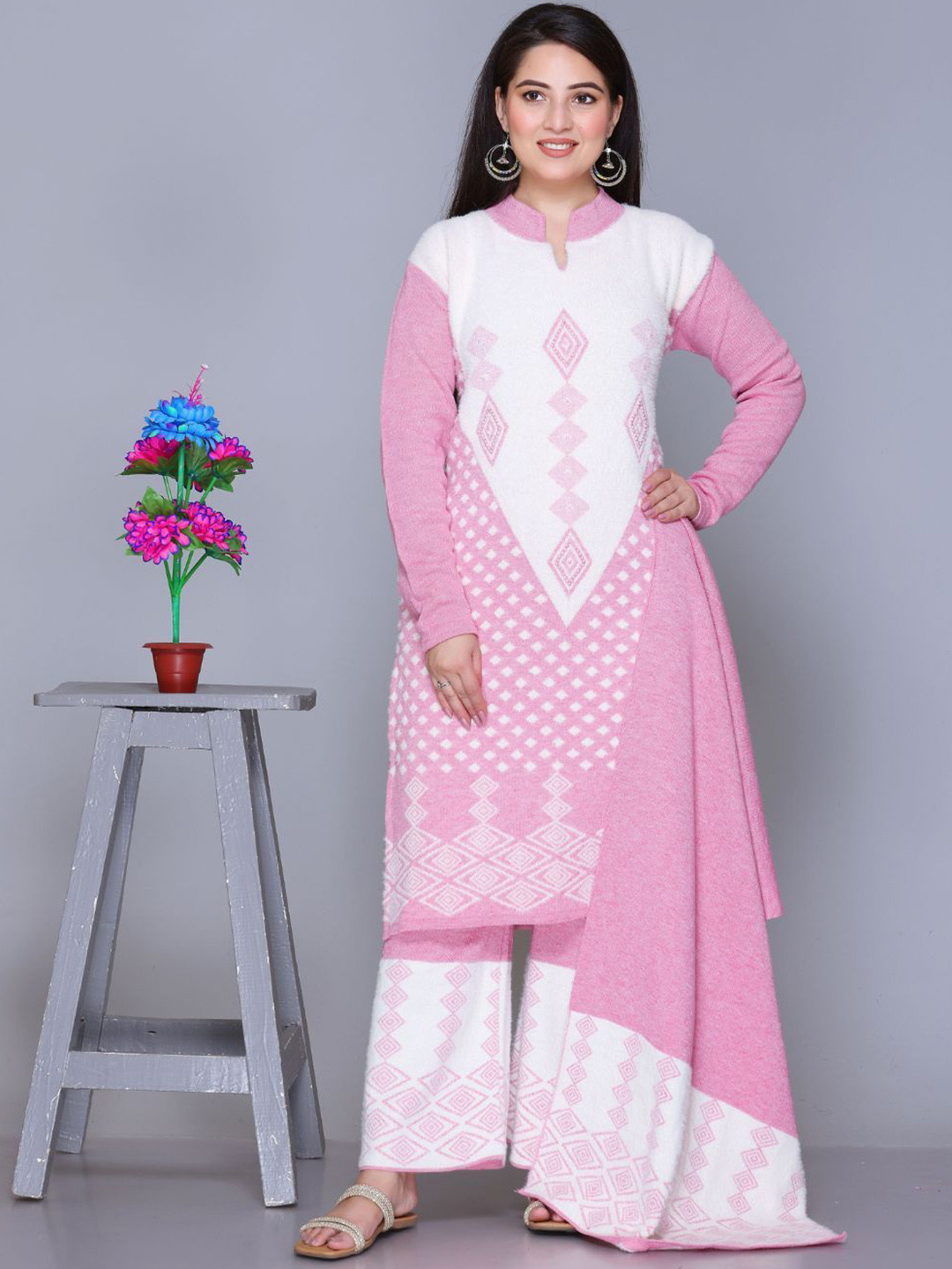 The Zigar Studio Printed Mandarin Collar Straight Kurta With Palazzos & Dupatta