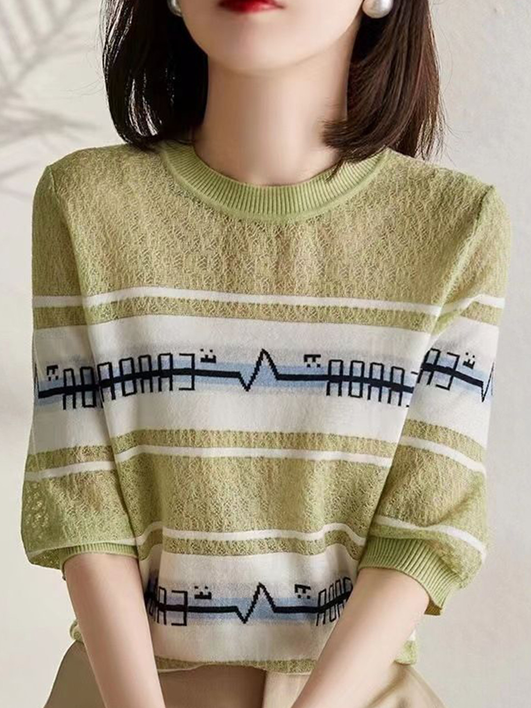 StyleCast Women Printed Three-Quarter Sleeves Pullover Crew Neck Sweater