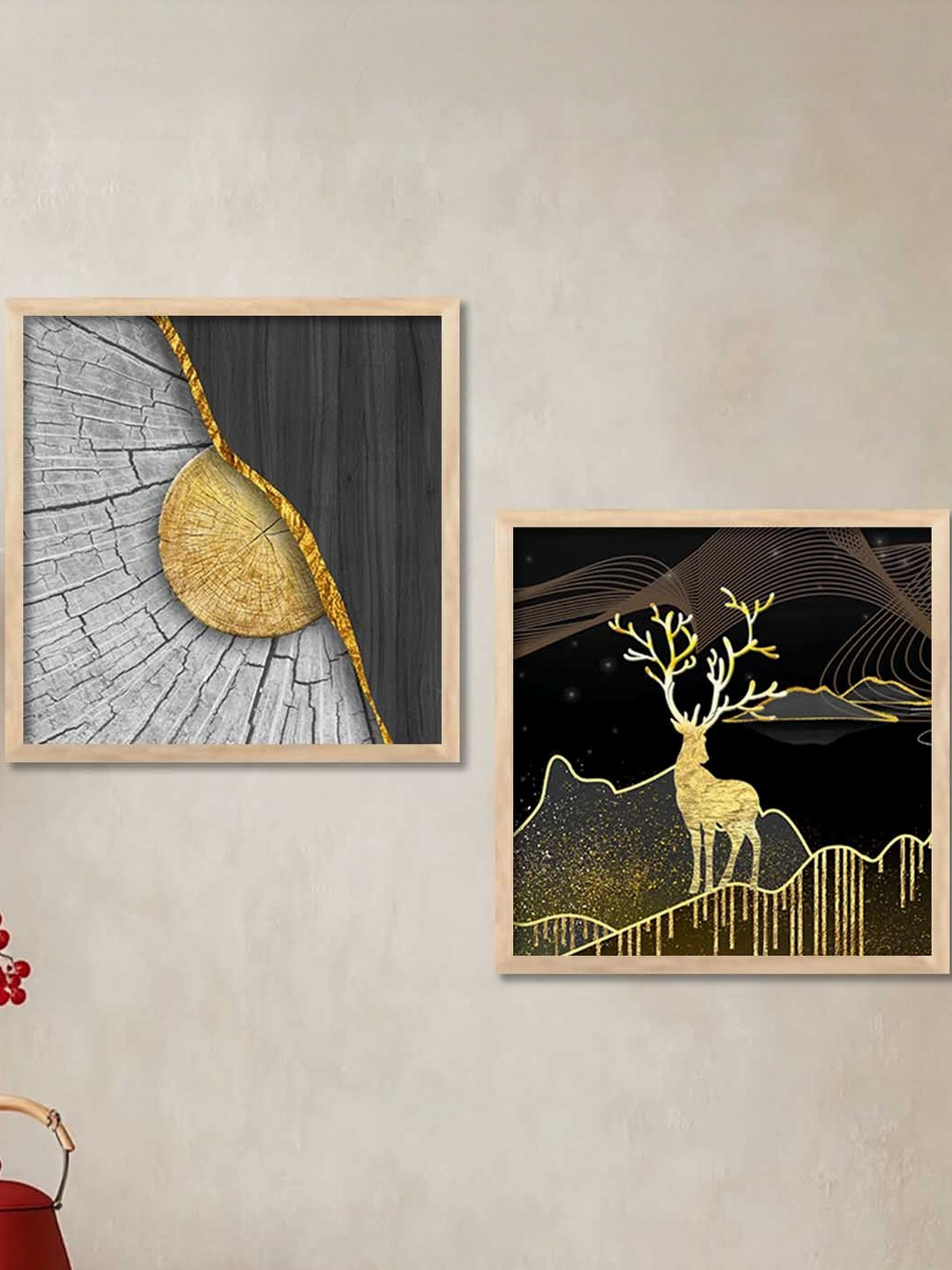 WALLLANE Brown Set of 2 Piece Wood Frame Painting Wall Art