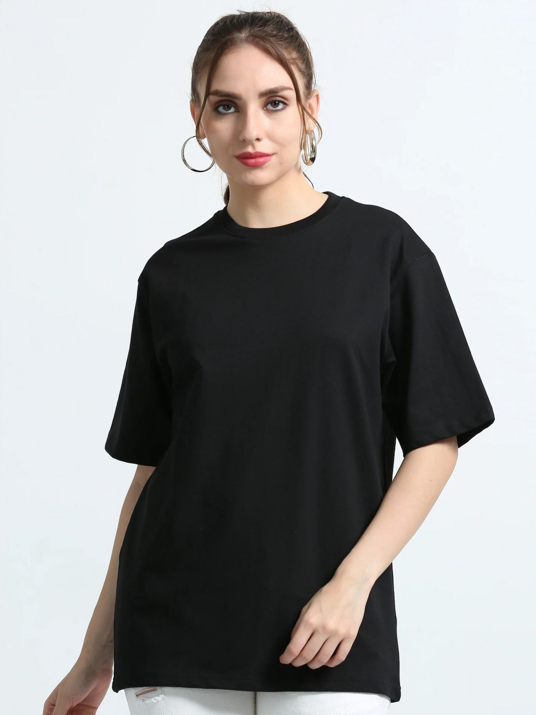 TEES HUB Women Solid Round Neck Cotton Oversized T-shirt