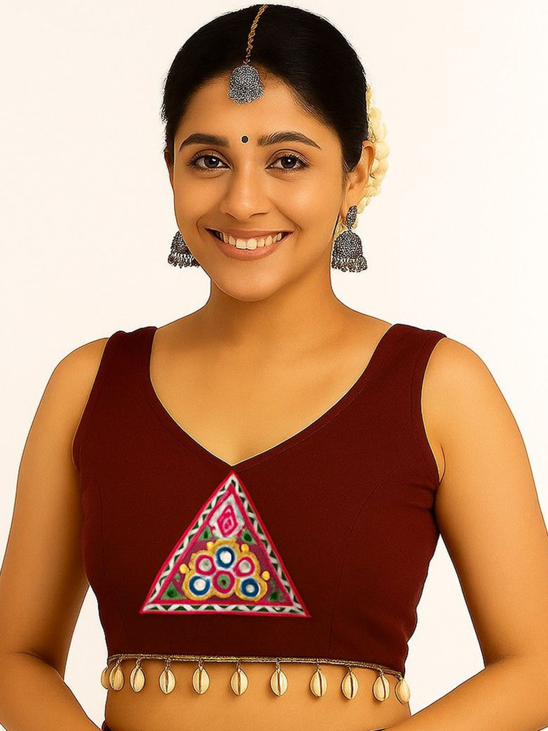 FANCYNINE Embroidered V-Neck Mirror Work Cotton Saree Blouse