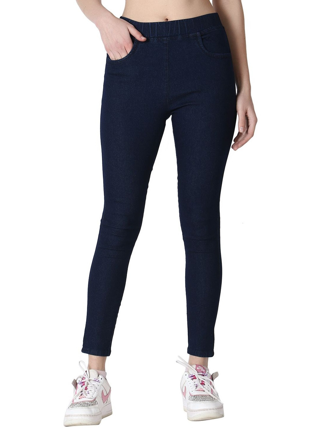 3BUTTERFLIES Women Dark Blue Solid Casual Cotton Skinny Fit Denim Jeggings