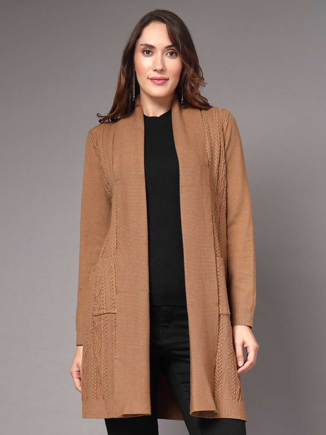 Mafadeny Women's Mid-Thigh Open-Front Self Design Shrug