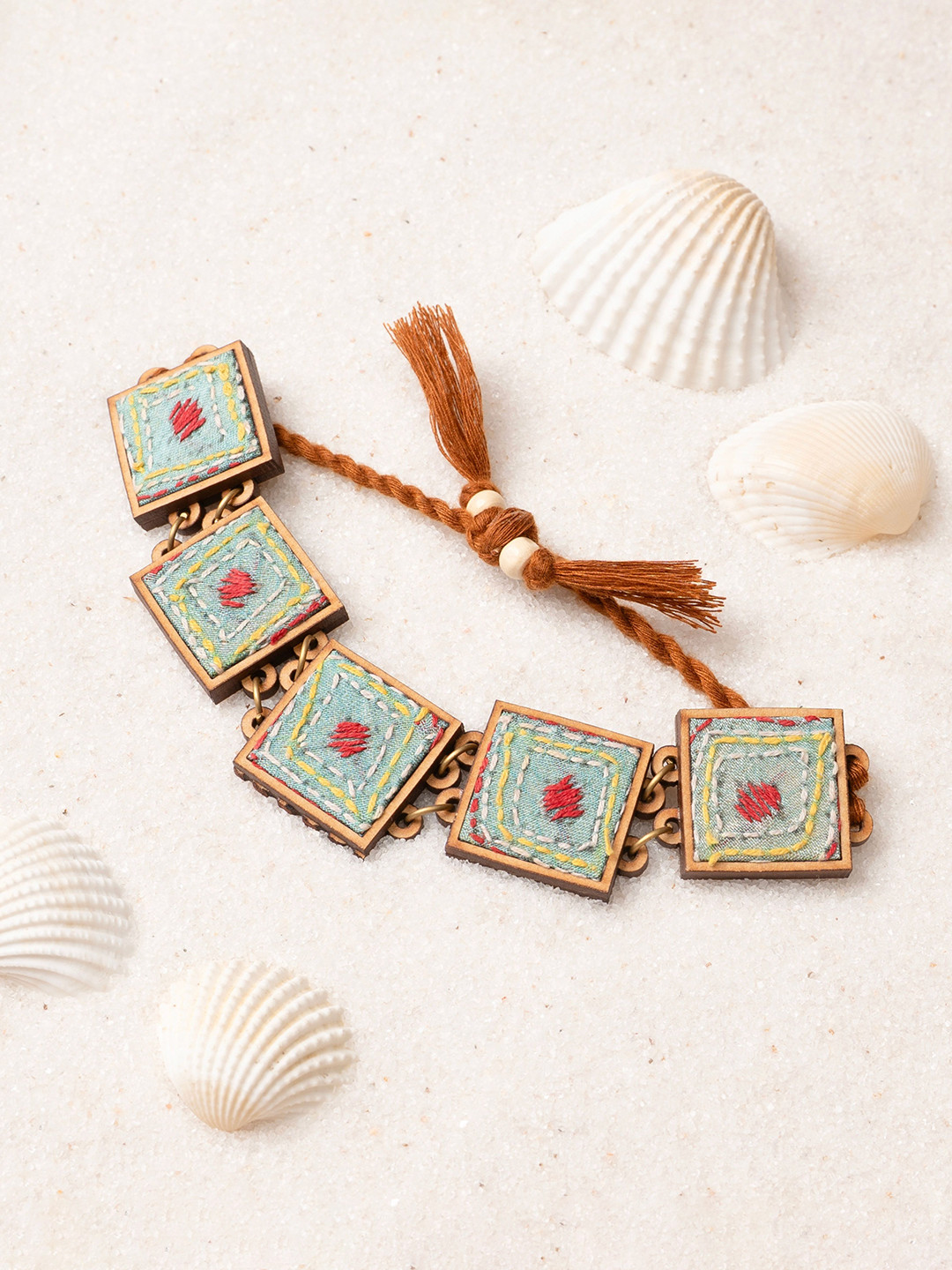 WHE Kantha Columbia Blue Repurposed Silk Fabric and Wood Bracelet